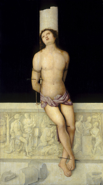 Amico Aspertini<br /><em>Saint Sebastian</em>, c. 1505<br />Oil on panel, 114.9 x 66 cm (45 1/4 x 26 in.)<br />National Gallery of Art, Washington, DC, Samuel H. Kress Collection<br />Image courtesy of the Board of Trustees, National Gallery of Art