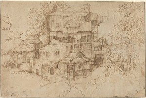 Circle of Giorgione<br /><i>Rustic Houses Built among Ruins</i>, 1510/1513<br />Pen and brown ink on laid paper, 17.7 x 26.6 cm (6 15/16 x 10 1/2 in.)<br />National Gallery of Art, Washington, DC, Woodner Collection<br />Image courtesy of the Board of Trustees, National Gallery of Art