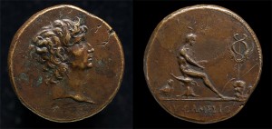 Vittore Gambello<br /><i>“Augustus” (Self-Portrait)</i> [obverse]; <i>Male Figure and Winged Caduceus</i> [reverse], probably c. 1510/1530<br />Bronze, diameter 2.9 cm (1 1/8 in.)<br />National Gallery of Art, Washington, DC, Samuel H. Kress Collection<br />Image courtesy of the Board of Trustees, National Gallery of Art