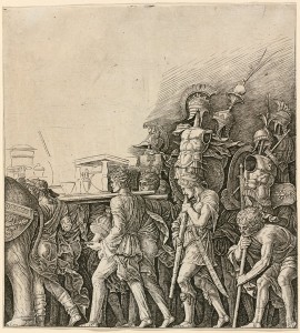 Workshop of Andrea Mantegna or Attributed to Zoan Andrea<br /><i>Triumph of Caesar: Soldiers Carrying Trophies</i>, c. 1485/1490<br />Engraving, sheet 28.2 x 26 cm (11 1/8 x 10 1/4 in.)<br />National Gallery of Art, Washington, DC, Rosenwald Collection<br />Image courtesy of the Board of Trustees, National Gallery of Art