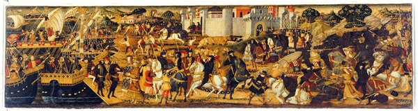 Paolo Uccello<br /><i>Episodes from the Aeneid</i>, c. 1470<br />Egg tempera, oil, and gold on wood panel, 41 x 156.2 cm (16 1/8 x 61 1/2 in.)<br />Seattle Art Museum, Gift of the Samuel H. Kress Foundation
