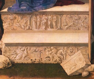 Cesare da Sesto (Il Milanese)<br /><i>The Madonna and Child with Saint John the Baptist and Saint George</i> (detail of throne steps), c. 1514<br />Oil on panel (transferred to pressed wood), 254.6 x 205.7 cm (100 1/4 x 81 in.)<br />Fine Arts Museums of San Francisco, Gift of the Samuel H. Kress Foundation