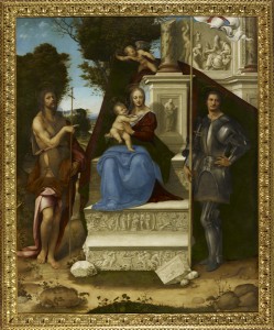 Cesare da Sesto (Il Milanese)<br /><i>The Madonna and Child with Saint John the Baptist and Saint George</i>, c. 1514<br />Oil on panel transferred to pressed wood, 254.6 x 205.7 cm (100 1/4 x 81 in.)<br />Fine Arts Museums of San Francisco, Gift of the Samuel H. Kress Foundation