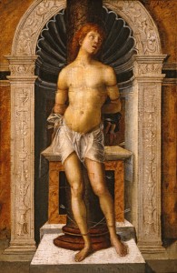 Attributed to Gian Francesco de’ Maineri<br /><i>Saint Sebastian</i>, c. 1500<br />Oil on wood panel, 33.7 x 22.2 cm (13 5/16 x 8 3/4 in.)<br />Memphis Brooks Museum of Art, Gift of the Samuel H. Kress Collection