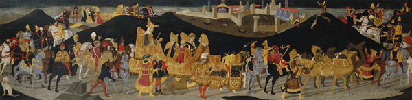 Apollonio di Giovanni and workshop<br /><i>Journey of the Queen of Sheba</i>, c. 1464–5<br />Tempera on panel, 43.2 x 176.2 cm (17 x 69 3/8 in.)<br />Birmingham Museum of Art, Gift of the Samuel H. Kress Foundation