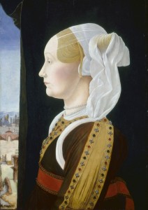 Ercole de’ Roberti<br /><i>Ginevra Bentivoglio</i>, c. 1474/77<br />Tempera on panel, 53.7 x 38.7 cm (21 1/8 x 15 1/4 in.)<br />National Gallery of Art, Washington, DC, Samuel H. Kress Collection<br />Image courtesy of the Board of Trustees, National Gallery of Art