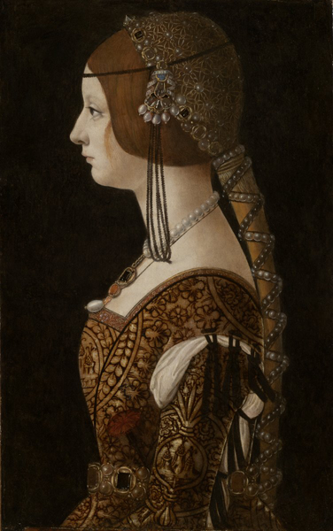 Ambrogio de Predis<br /><i>Bianca Maria Sforza</i>, probably 1493<br />Oil on panel, 51 x 32.5 cm (20 1/16 x 12 13/16 in.)<br />National Gallery of Art, Washington, DC, Widener Collection<br />Image courtesy of the Board of Trustees, National Gallery of Art
