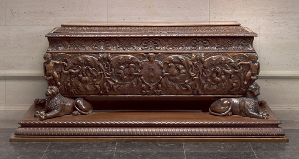 Florentine, first half of 16th century<br /><i>Cassone</i> made for Strozzi family<br />Walnut and poplar, 191.5 x 64.2 x 69.7 cm (75 3/8 x 25 1/4 x 27 7/16 in.)<br />National Gallery of Art, Washington, DC, Widener Collection<br />Image courtesy of the Board of Trustees, National Gallery of Art