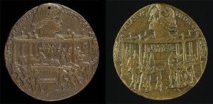 Bertoldo di Giovanni<br /><i>The Pazzi Conspiracy Medal: Lorenzo de’ Medici, il Magnifico (1449–92)</i> [obverse]; <i>The Murder of Giuliano I de’ Medici</i> [reverse], 1478<br />Bronze, diameter 6.6 cm (2 5/8 in.)<br />National Gallery of Art, Washington, DC, Samuel H. Kress Collection<br />Image courtesy of the Board of Trustees, National Gallery of Art