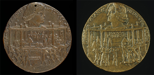 Bertoldo di Giovanni<br /><i>The Pazzi Conspiracy Medal: Lorenzo de’ Medici, il Magnifico (1449–92)</i> [obverse]; <i>The Murder of Giuliano I de’ Medici</i> [reverse], 1478<br />Bronze, diameter 6.6 cm (2 5/8 in.)<br />National Gallery of Art, Washington, DC, Samuel H. Kress Collection<br />Image courtesy of the Board of Trustees, National Gallery of Art