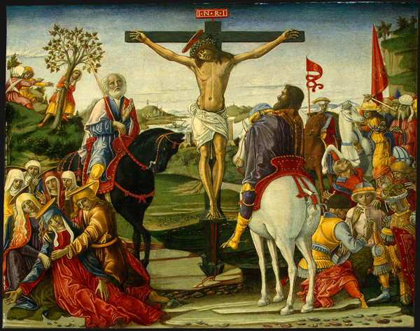 Benvenuto di Giovanni<br /><i>Crucifixion</i>, probably 1491<br />Tempera on panel, 42.6 x 52.8 cm (16 1/4 x 20 13/16 in.)<br />National Gallery of Art, Washington, DC, Samuel H. Kress Collection<br />Image courtesy of the Board of Trustees, National Gallery of Art
