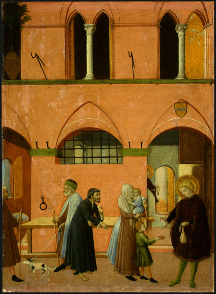 Master of the Osservanza<br /><i>Saint Anthony Distributing His Wealth to the Poor</i>, c. 1430/1435<br />Tempera on panel, 47.3 x 34.8 cm (18 1/4 x 13 1/4 in.)<br />National Gallery of Art, Washington, DC, Samuel H. Kress Collection<br />Image courtesy of the Board of Trustees, National Gallery of Art