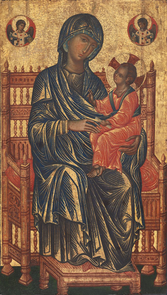 Byzantine, 13th century<br /><i>Enthroned Madonna and Child</i><br />Tempera on panel, 131.1 x 76.8 cm (51 5/8 x 30 1/4 in.)<br />National Gallery of Art, Washington, DC, Gift of Mrs. Otto H. Kahn<br />Image courtesy of the Board of Trustees, National Gallery of Art
