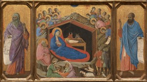 Duccio<br /><i>The Nativity with the Prophets Isaiah and Ezekiel</i>, 1308/11<br />Tempera on panel, 43.8 x 77.5 cm (17 1/4 x 30 1/2 in.)<br />National Gallery of Art, Washington, DC, Andrew W. Mellon Collection<br />Image courtesy of the Board of Trustees, National Gallery of Art