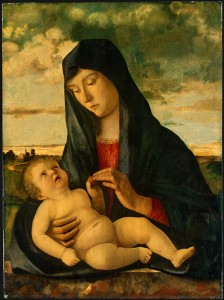 Giovanni Bellini<br /><i>Madonna and Child in a Landscape</i>, c. 1480/85<br />Oil on panel, 71.7 x 52.8 cm (28 1/4 x 20 13/16 in.)<br />National Gallery of Art, Washington, DC, Ralph and Mary Booth Collection<br />Image courtesy of the Board of Trustees, National Gallery of Art