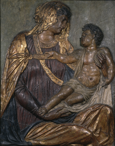 Jacopo Sansovino Madonna and Child, c. 1550 Painted and gilded papier-mâché and stucco, 119.4 x 95.6 cm (47 x 37 5/8 in.) National Gallery of Art, Washington, DC, Samuel H. Kress Collection Image courtesy of the Board of Trustees, National Gallery of Art 