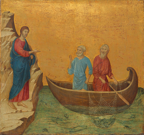 Duccio<br /><i>The Calling of the Apostles Peter and Andrew</i>, 1308/11<br />Tempera on panel, 43.5 x 46 cm (17 1/8 x 18 1/8 in.)<br />National Gallery of Art, Washington, DC, Samuel H. Kress Collection<br />Image courtesy of the Board of Trustees, National Gallery of Art