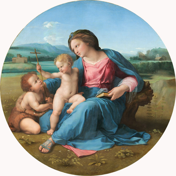 Raphael<br /><i>The Alba Madonna</i>, c. 1510<br />Oil on panel transferred to canvas, diameter 94.5 cm (37 3/16 in.)<br />National Gallery of Art, Washington, DC, Andrew W. Mellon Collection<br />Image courtesy of the Board of Trustees, National Gallery of Art