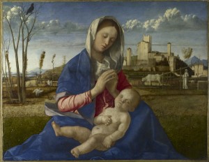 Giovanni Bellini<br /><i>Madonna of the Meadow</i>, c. 1500<br />Oil and tempera on synthetic panel, transferred from wood, 67.3 x 86.4 cm (26 1/2 x 34 in.)<br />The National Gallery, London<br />© National Gallery, London/Art Resource, NY