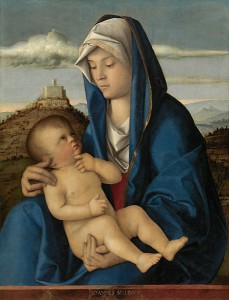 Giovanni Bellini<br /><i>Madonna and Child</i>, c. 1485<br />Oil on canvas, transferred from wood panel, 72.55 x 55.4 cm (28 9/16 x 21 13/16 in.)<br />The Nelson-Atkins Museum of Art, Kansas City, Gift of the Samuel H. Kress Foundation