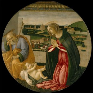 Sandro Botticelli<br /><i>The Adoration of the Child</i>, c. 1500<br />Tempera on panel, diameter 19 1/2 cm (49 1/2 in.)<br />North Carolina Museum of Art, Raleigh, Gift of the Samuel H. Kress Foundation