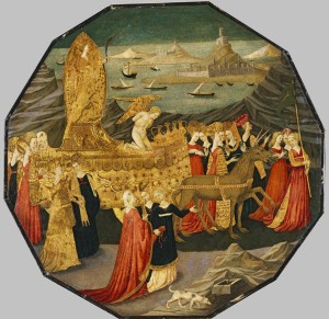 Workshop of Apollonio di Giovanni<br /><i>Triumph of Chastity</i> [obverse], c. 1450–60<br />Tempera and gold leaf on panel, 58.4 x 59.1 cm (23 x 23 1/4 in.)<br />North Carolina Museum of Art, Raleigh, Gift of the Samuel H. Kress Foundation