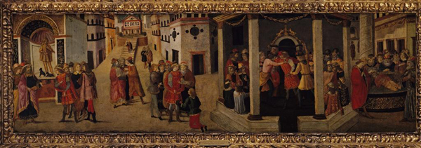 Master of the Apollini Sacrum<br /><i>The Death of Julius Caesar</i>, late 15th century<br />Tempera on wood, 47 x 150.43 cm (18 1/2 x 59 1/5 in.)<br />Spencer Museum of Art, University of Kansas, Samuel H. Kress Collection