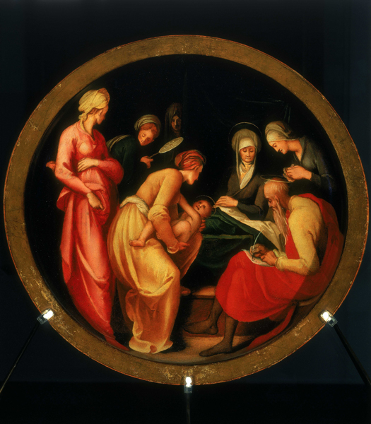 Jacopo da Pontormo<br /><i>Childbirth bowl (tafferia da parto) with The Naming of John the Baptist</i> [interior] and <i>Della Casa and Tornaquinci Arms</i> [exterior], 1526–7<br />Oil on wood, diameter 54 cm (21 1/4 in.)<br />Galleria degli Uffizi, Florence<br />Alinari/Art Resource, NY