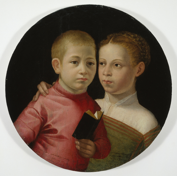 Sofonisba Anguissola<br /><i>Double Portrait of a Boy and Girl of the Attavanti Family</i>, early 1580s<br />Oil on softwood panel, diameter 40 cm (15 3/4 in.)<br />Allen Memorial Art Museum, Oberlin, Kress Collection