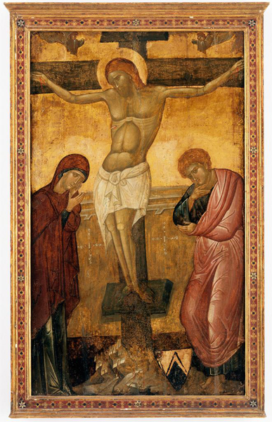 Italo-Byzantine, 14th–15th century<br /><i>Crucifixion</i><br />Tempera on panel, 139.1 x 12.8 cm (54 3/4 x 32 5/8 in.)<br />Pomona College Museum of Art, Samuel H. Kress Collection