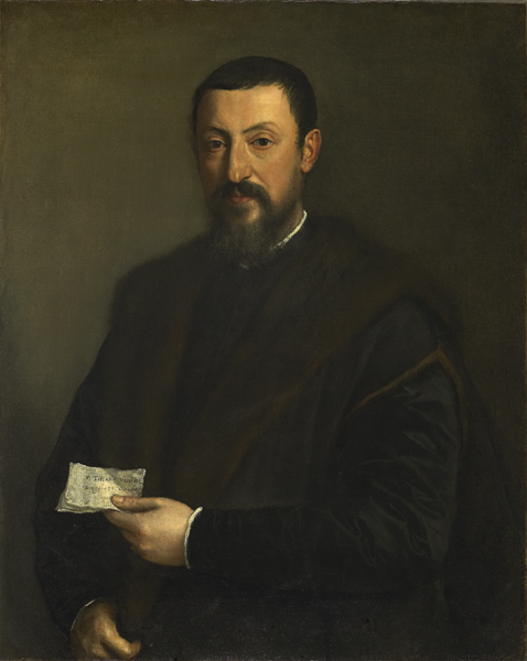 Titian<br /><i>Portrait of a Friend of Titian (Portrait of a Gentleman)</i>, c. 1550<br />Oil on canvas, 90.2 x 72.4 cm (35 1/2 x 28 1/2 in.)<br />Fine Arts Museums of San Francisco, Gift of the Samuel H. Kress Foundation