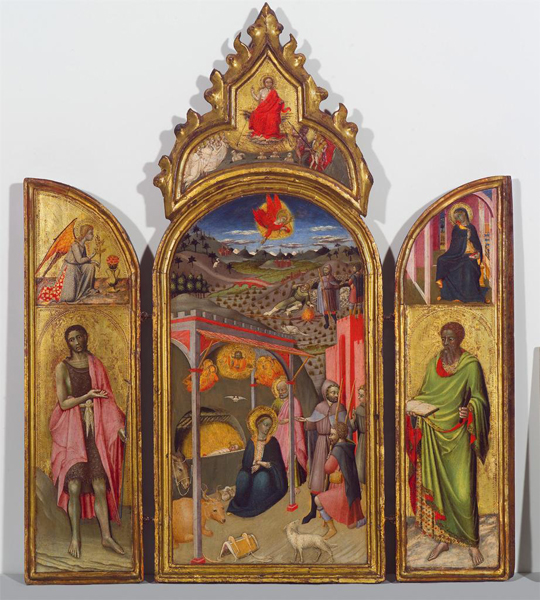 Master of the Osservanza The Adoration of the Shepherds with St John the Baptist and St Bartholomew, c. 1440 Tempera and gold on wood, 62.6 x 50.3 cm (24 5/8 x 19 13/16 in.) El Paso Museum of Art, Samuel H. Kress Collection 