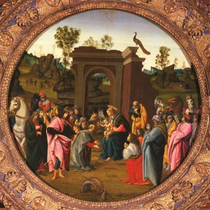 Bartolomeo di Giovanni<br /><i>The Adoration of the Magi</i>, c. 1490<br />Oil on panel, diameter 95.3 cm (37 1/2 in.)<br />Fine Arts Museums of San Francisco, Gift of the Samuel H. Kress Collection