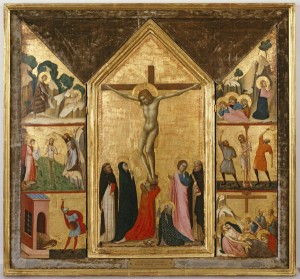 Attributed to Lippo di Benivieni<br /><i>The Crucifixion with Scenes from the Passion and the Life of St John the Baptist</i>, c. 1315–20<br />Tempera on wood panel, dimensions by panel: 63.5 x 17.5; 63.5 x 34.3; 61 x 16.5 cm (25 x 6 7/8; 25 x 13 1/2; 24 x 6 1/2 in.)<br />Memphis Brooks Museum of Art, Gift of the Samuel H. Kress Collection