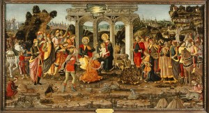 Jacopo del Sellaio<br /><i>The Adoration of the Magi</i>, c. 1480–90<br />Tempera on wood panel, 89.2 x 170.8 cm (35 1/8 x 67 1/4 in.)<br />Memphis Brooks Museum of Art, Gift of the Samuel H. Kress Collection