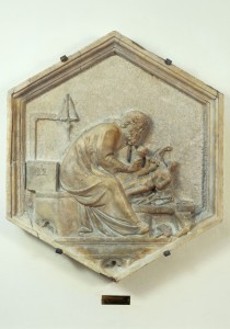 Attributed to Andrea Pisano<br /><i>Allegory of Sculpture</i>, c. 1343–8<br />Hexagonal marble relief from Campanile of the Cathedral, Florence<br />Museo dell’Opera del Duomo, Florence<br />Scala/Art Resource, NY