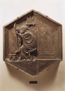 Attributed to Andrea Pisano<br /><i>Painter at work</i>, c. 1343–8<br />Hexagonal marble relief from the Campanile of the Cathedral, Florence<br />Museo dell'Opera del Duomo, Florence<br />Scala/Art Resource, NY