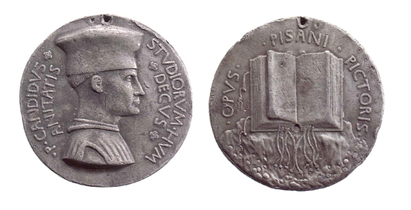 Pisanello<br /><i>Medal of Pier Candido Decembrio</i>, 1448<br />Bust of Pier Candido Decembrio, right, wearing mortier and robe [obverse]<br />On a rocky mount, an open book, with ties and markers [reverse]<br />Lead, diameter 8.1 cm<br />British Museum, London<br />© Trustees of the British Museum