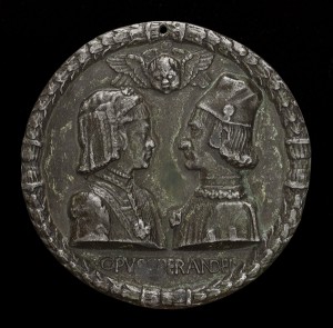 Sperandio<br /><i>Ercole d’Este (1431–1505), Duke of Ferrara, and Eleanora of Aragon (1450–1493), His Wife (1473)</i> [obverse], c. 1473<br />Lead alloy, diameter 11.29 cm (4 7/16 in.)<br />National Gallery of Art, Washington, DC, Samuel H. Kress Collection<br />Image courtesy of the Board of Trustees, National Gallery of Art
