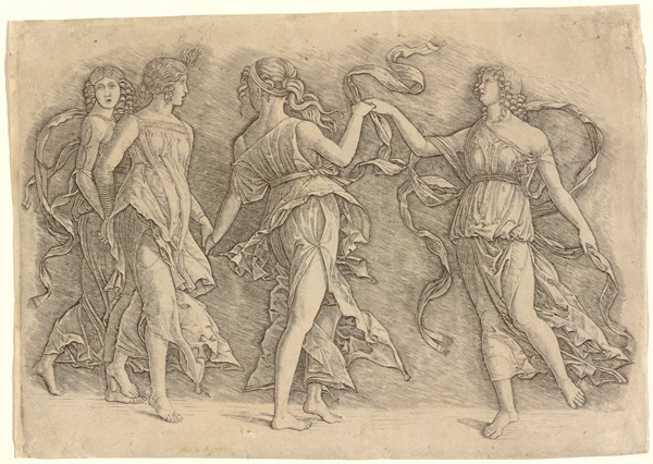 Workshop of Andrea Mantegna or Attributed to Zoan Andrea<br /><i>Four Women Dancing</i>, c. 1497<br />Engraving, 24.3 x 35 cm (9 9/16 x 13 3/4 in.)<br />National Gallery of Art, Washington, DC, Rosenwald Collection<br />Image courtesy of the Board of Trustees, National Gallery of Art