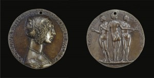 Attributed to Niccolò Fiorentino<br /><i>Medal of Giovanna degli Albizzi, Wife of Lorenzo Tornabuoni [obverse]; The Three Graces [reverse]</i>, c. 1486<br />Bronze, diameter 7.8 cm (3 1/16 in.)<br />National Gallery of Art, Washington, DC, Samuel H. Kress Collection<br />Image courtesy of the Board of Trustees, National Gallery of Art