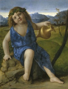 Giovanni Bellini<br /><i>The Infant Bacchus</i>, probably 1505/10<br />Oil on panel transferred to panel, 50.1 x 39 cm (19 11/16 x 15 3/8 in.)<br />National Gallery of Art, Washington, DC, Samuel H. Kress Collection<br />Image courtesy of the Board of Trustees, National Gallery of Art