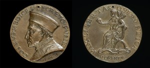 Florentine, 15th century<br /><i>Cosimo de’ Medici (1389–1464), Pater Patriae</i> [obverse]; <i>Florence Holding an Orb and Triple Olive Branch</i> [reverse], c. 1465/69<br />Bronze, diameter 7.8 cm (3 1/16 in.)<br />National Gallery of Art, Washington, DC, Samuel H. Kress Collection<br />Image courtesy of the Board of Trustees, National Gallery of Art