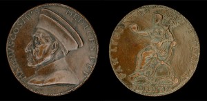 Florentine, 15th century<br /><i>Posthumous medal of Cosimo de’ Medici (1389–1464), Pater Patriae</i> [obverse]; <i>Florence Holding an Orb and Triple Olive Branch</i> [reverse], probably 1465/69<br />Bronze, diameter 7.5 cm (2 15/16 in.)<br />National Gallery of Art, Washington, DC, Samuel H. Kress Collection<br />Image courtesy of the Board of Trustees, National Gallery of Art