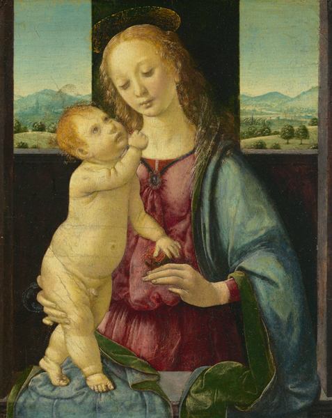 Lorenzo di Credi<br /><i>Madonna and Child with a Pomegranate</i>, 1475/80<br />Oil on panel, 16.5 x 13.4 cm (6 1/2 x 5 1/4 in.)<br />National Gallery of Art, Washington, DC, Samuel H. Kress Collection<br />Image courtesy of the Board of Trustees, National Gallery of Art