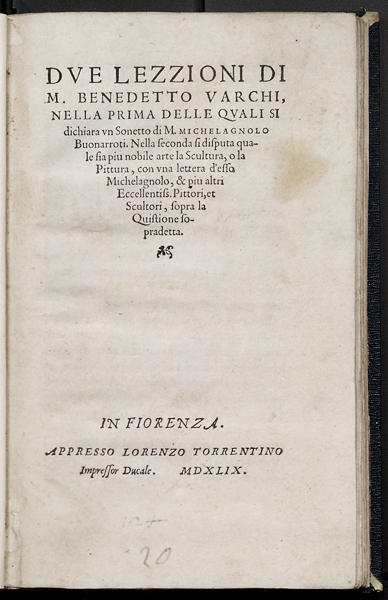 Title page from Due Lezzioni di M. Benedetto Varchi (Two Lessons of M. Benedict Varchi)  Published Florence, 1549 Library, National Gallery of Art, Washington, DC, J. Paul Getty Fund in honor of Franklin Murphy Image courtesy of the Board of Trustees, National Gallery of Art 