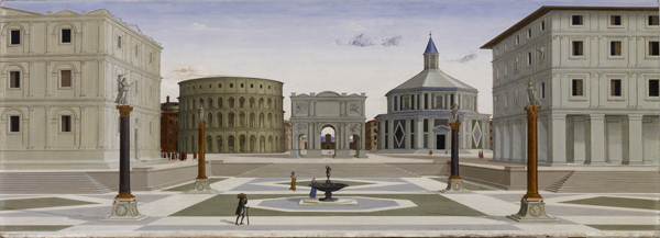 Attributed to Fra Carnavale<br /><i>The Ideal City</i>, c. 1480–84<br />Oil and tempera on panel, 80.3 x 220 cm (31 5/8 x 86 5/8 in.)<br />Walters Art Museum, Baltimore