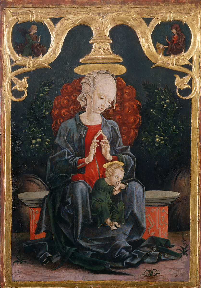 Cosmè Tura<br /><i>Madonna and Child in a Garden</i>, c. 1460/70<br />Tempera and oil on panel, 53.4 x 37.2 cm (21 x 14 5/8 in.)<br />National Gallery of Art, Washington, DC, Samuel H. Kress Collection<br />Image courtesy of the Board of Trustees, National Gallery of Art