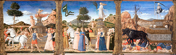 Follower of Andrea Mantegna<br /><i>Triumph of Love, Chastity, and Death</i>, around 1460s<br />Oil on panel, dimensions by panel: 50.8 x 54.3; 51.8 x 54.3; 52.4 x 54.3 cm (20 x 21 3/8; 20 3/8 x 21 3/8; 20 5/8 x 21 3/8 in.)<br />Denver Art Museum, Gift of the Samuel H. Kress Foundation