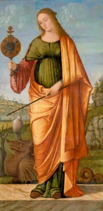 Vittore Carpaccio<br /><i>Prudence</i>, c. 1500<br />Oil on panel, 108.3 x 55.2 cm (40 2/3 x 21 7/10 in.)<br />High Museum of Art, Atlanta, Gift of the Samuel H. Kress Collection